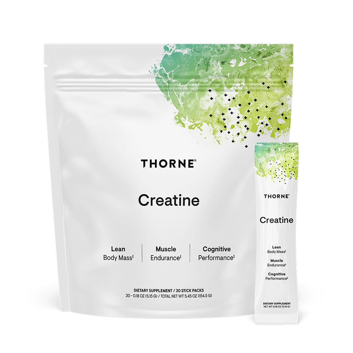 THORNE Creatine unflavored bottle pour showing neutral blend for workouts