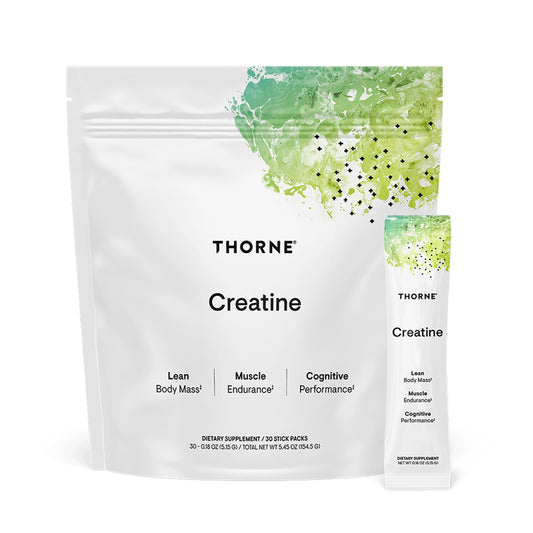 THORNE Creatine unflavored bottle pour showing neutral blend for workouts