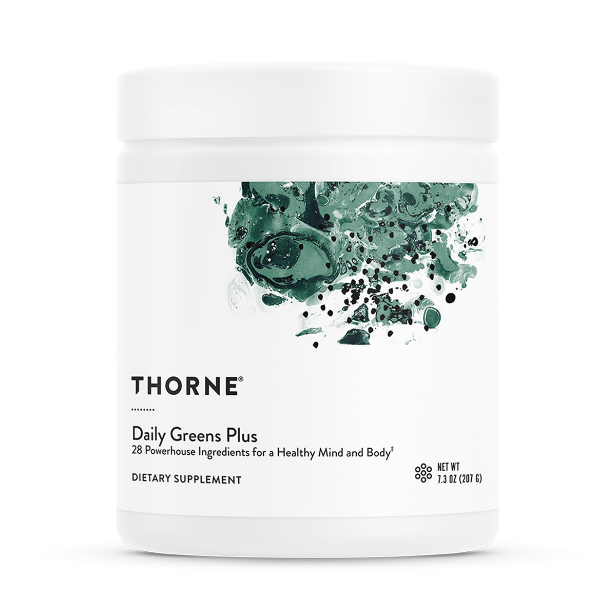 Thorne Daily Greens Plus bottle in kitchen for daily wellness routine.