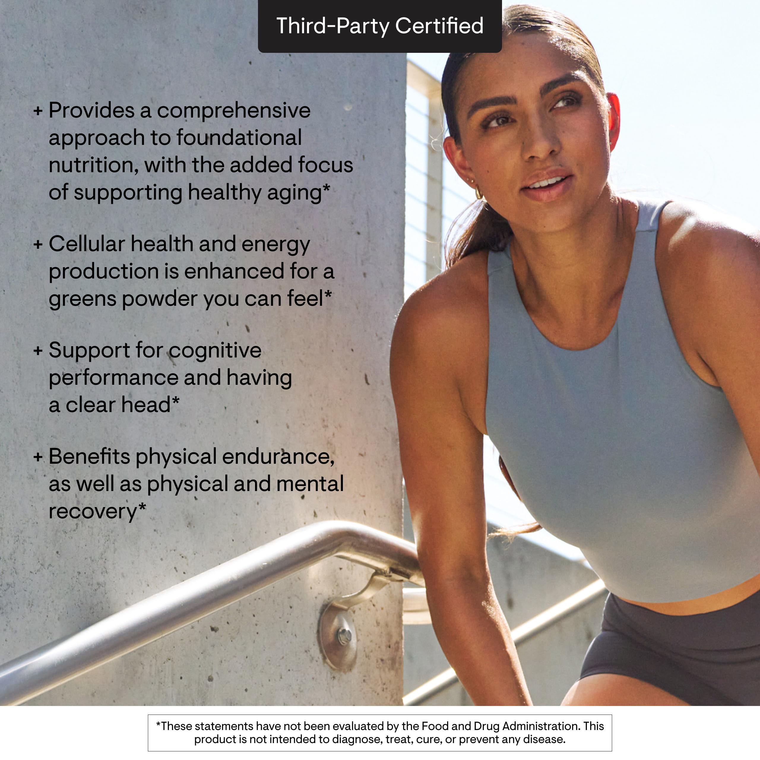 Thorne Daily Greens Plus spirulina detail highlighting antioxidant greens blend.