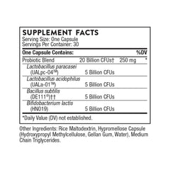 Close view of FloraSport 20B capsules and shelf-stable probiotic formula