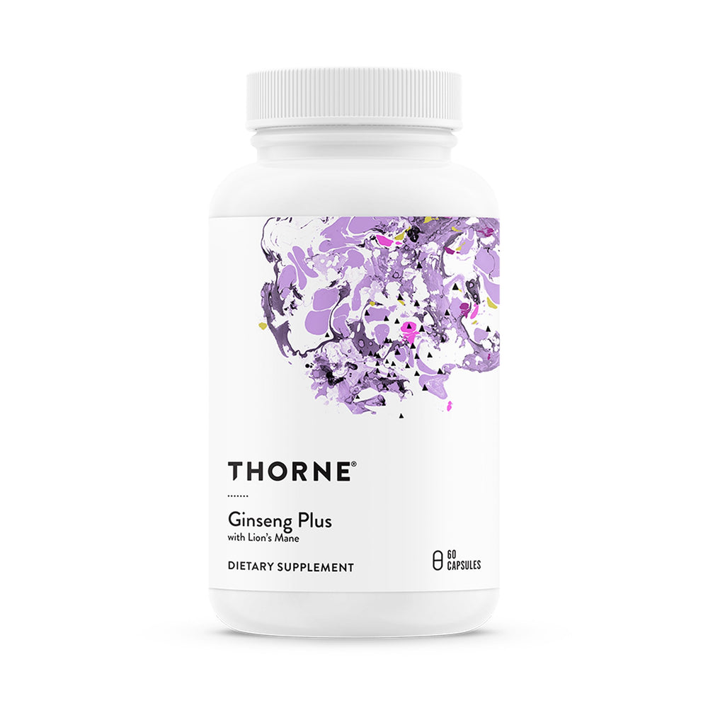 THORNE Ginseng Plus bottle with capsules promotes focused thinking and daily resilience.