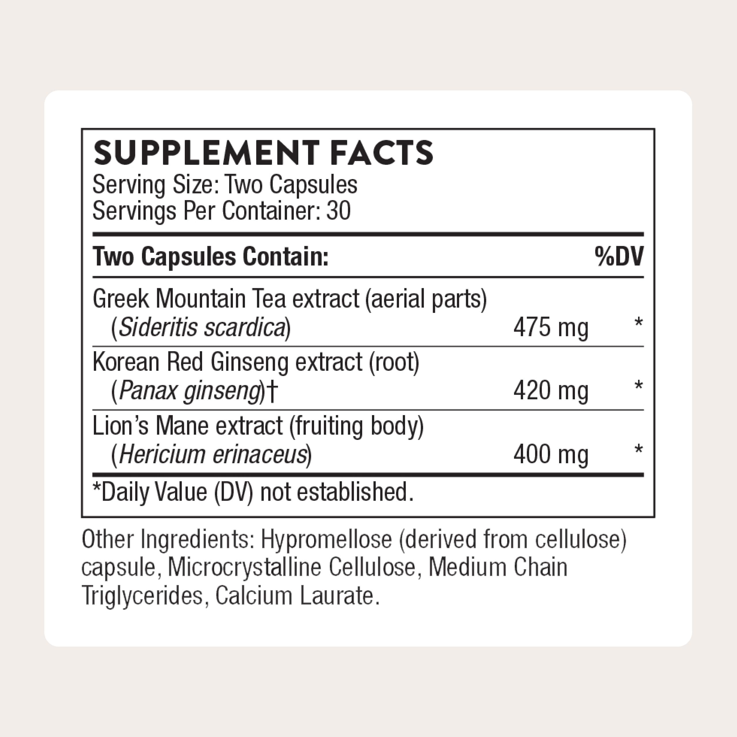 Closeup of THORNE Ginseng Plus capsules indicating compact, easy-to-take support for concentration.