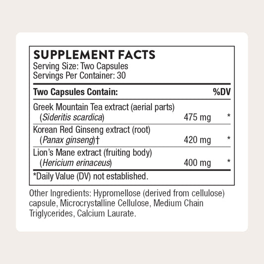 Closeup of THORNE Ginseng Plus capsules indicating compact, easy-to-take support for concentration.