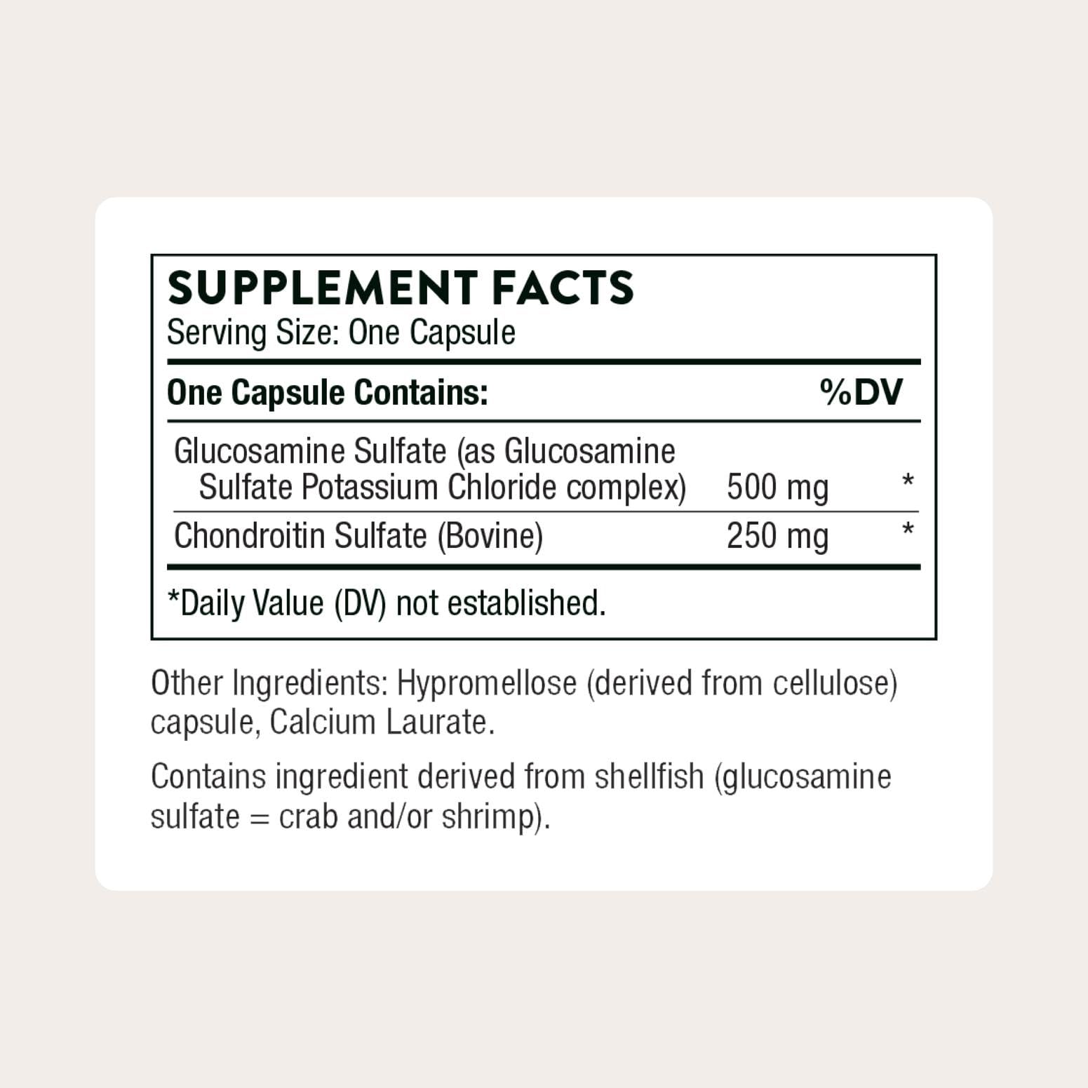 Thorne Glucosamine & Chondroitin bottle label with ingredients and allergen-free formulation for joint health