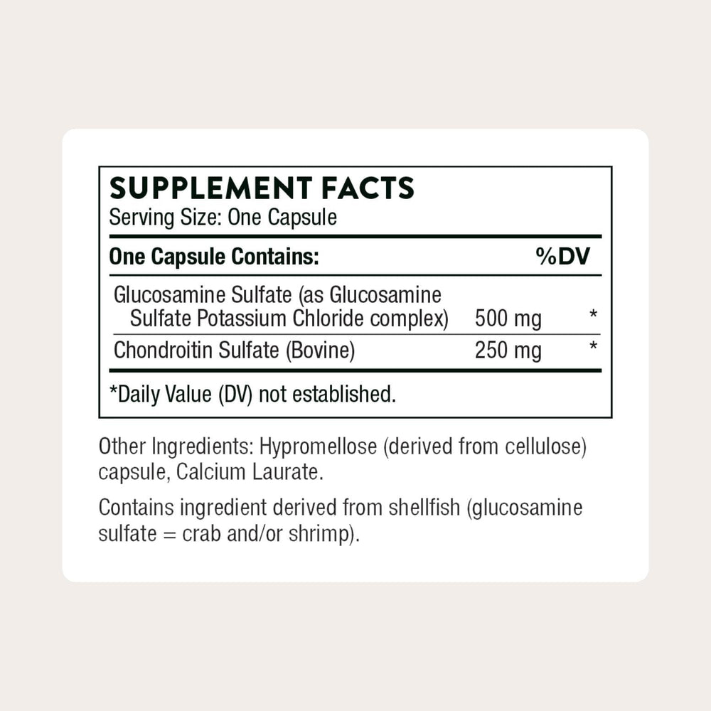 Thorne Glucosamine & Chondroitin bottle label with ingredients and allergen-free formulation for joint health