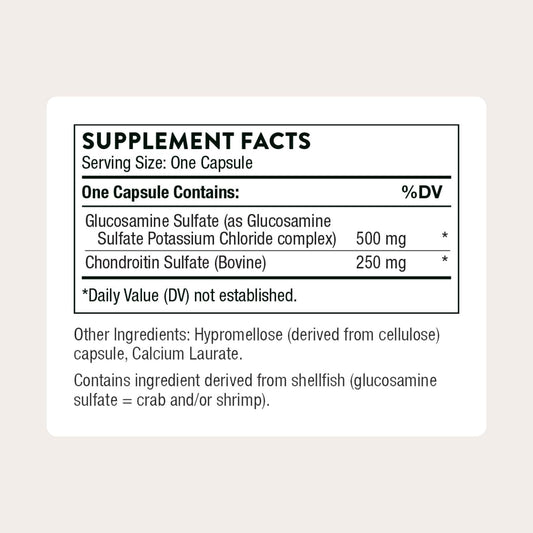 Thorne Glucosamine & Chondroitin bottle label with ingredients and allergen-free formulation for joint health