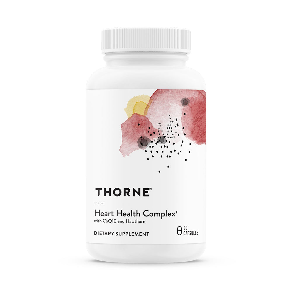 Thorne Heart Health Complex bottle with capsules for heart support and circulation.