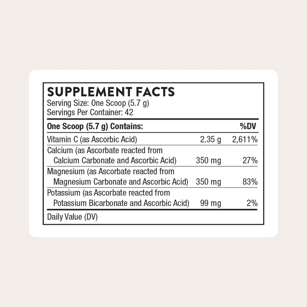 THORNE Vitamin C powder scoop highlights easy dosing for daily immune support and antioxidant routine.