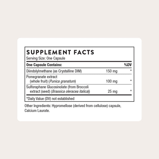 THORNE Hormone Advantage label closeup features DIM, signaling antioxidant support.