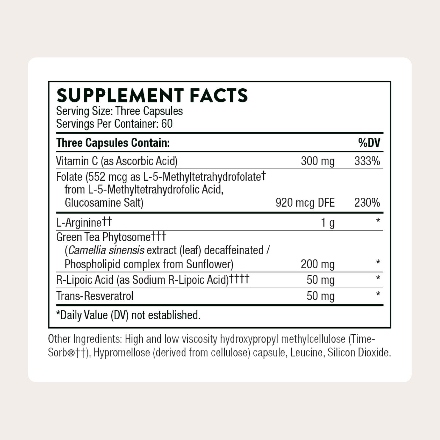 THORNE L-Arginine Plus ingredient label highlighting key cofactors for wellness.