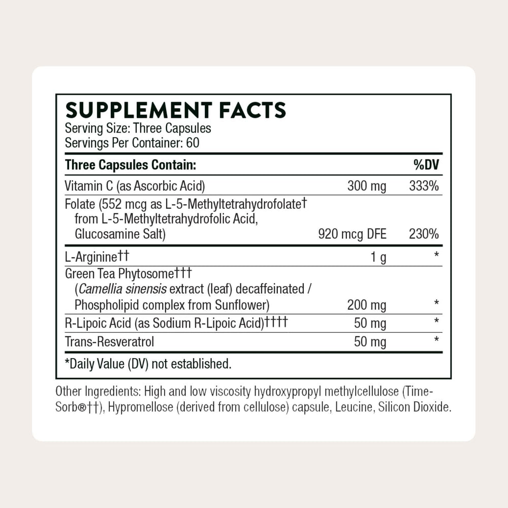 THORNE L-Arginine Plus ingredient label highlighting key cofactors for wellness.