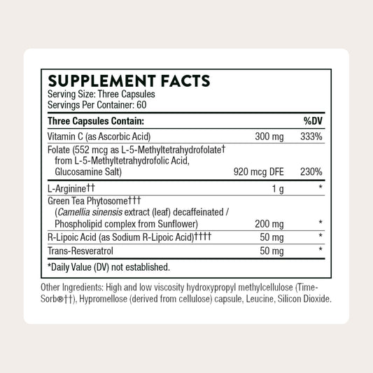 THORNE L-Arginine Plus ingredient label highlighting key cofactors for wellness.