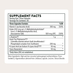 THORNE L-Arginine Plus ingredient label highlighting key cofactors for wellness.