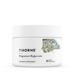 Thorne magnesium bisglycinate bottle close-up showcasing powder formula for restful sleep support