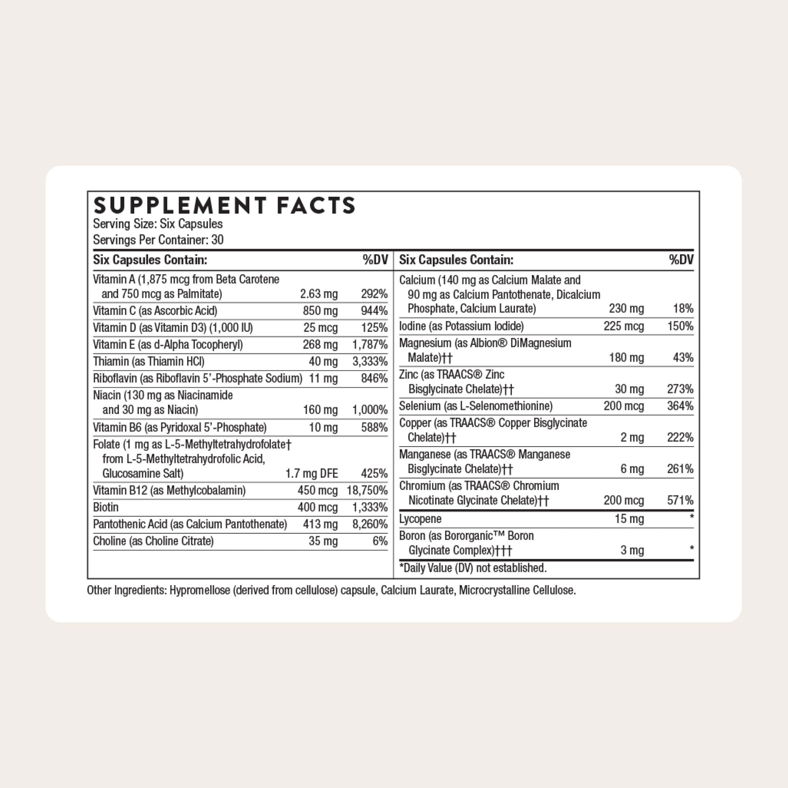 THORNE Men's Multi 50+ bottle back reveals ingredients and serving size.