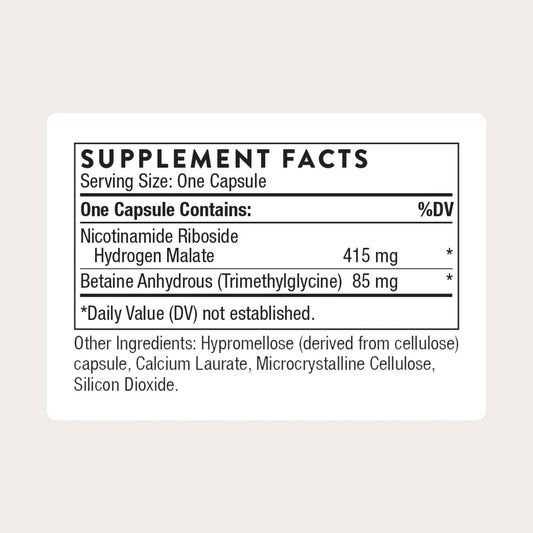 Thorne NiaCel 400 bottle back panel shows supplement details for aging support.