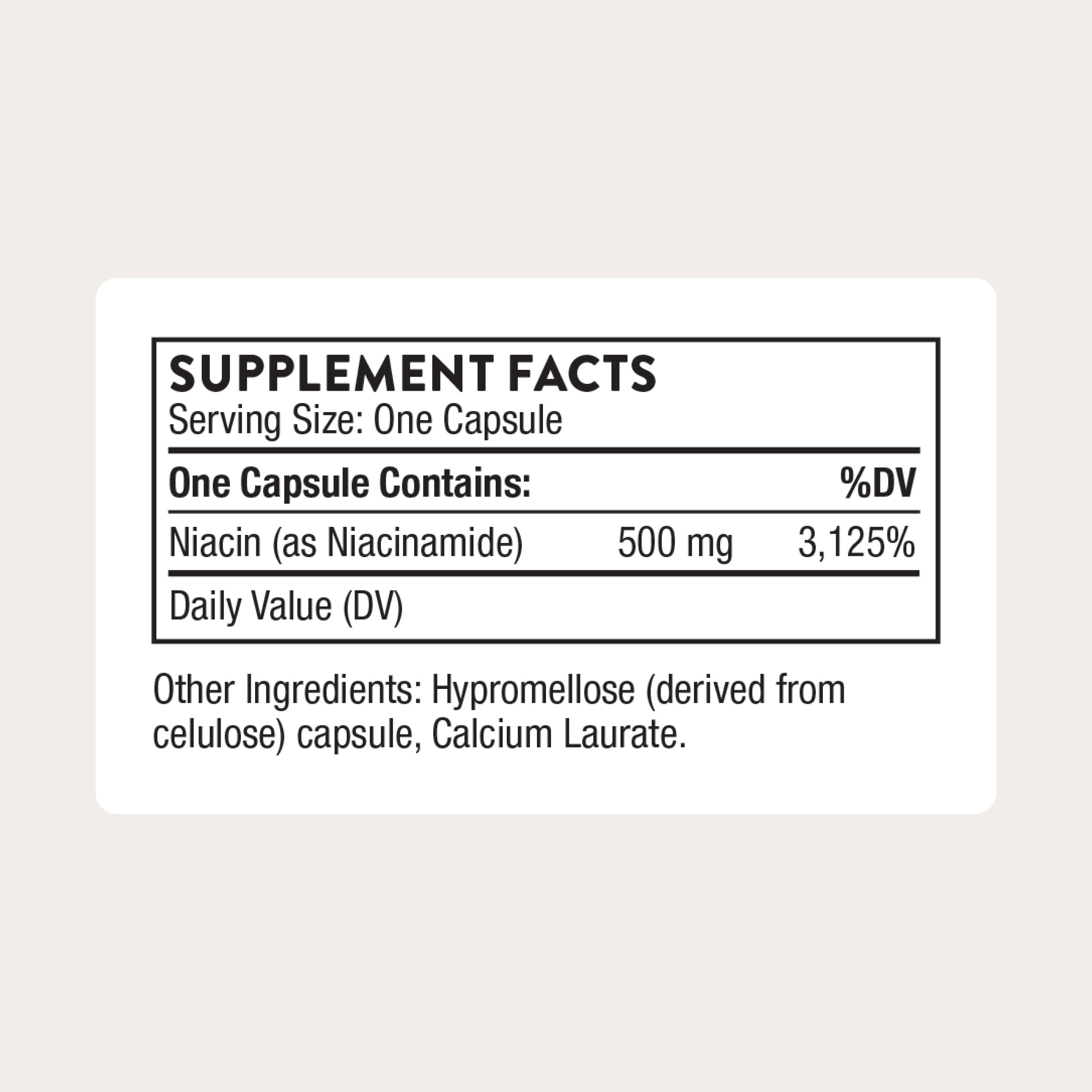 THORNE Niacinamide 500mg capsules close-up, highlighting daily joint and skin support.