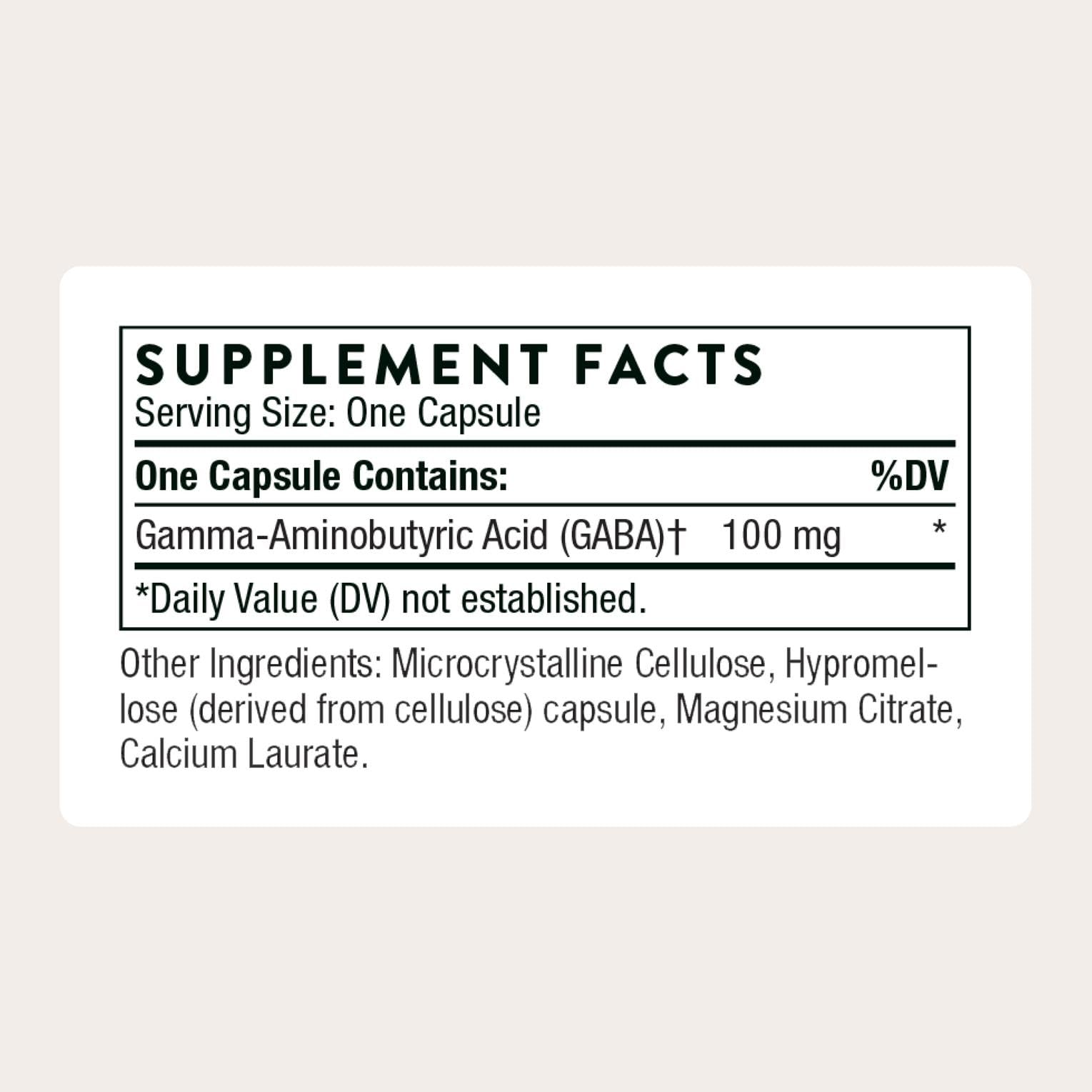Thorne PharmaGABA-100 bottle back label with daily guidance.