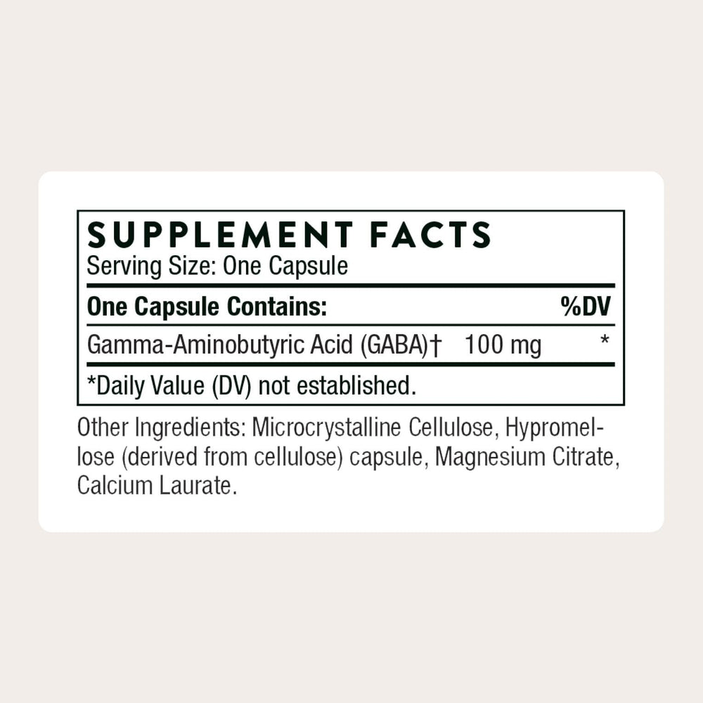 Thorne PharmaGABA-100 bottle back label with daily guidance.
