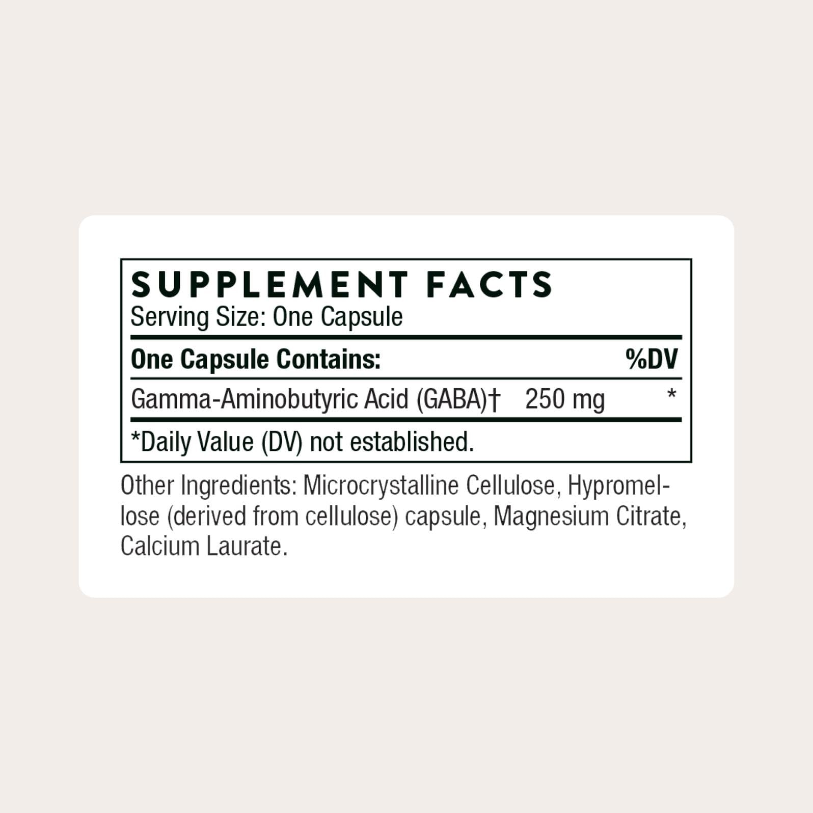 THORNE PharmaGABA-250 capsules closeup in a 60-count bottle.