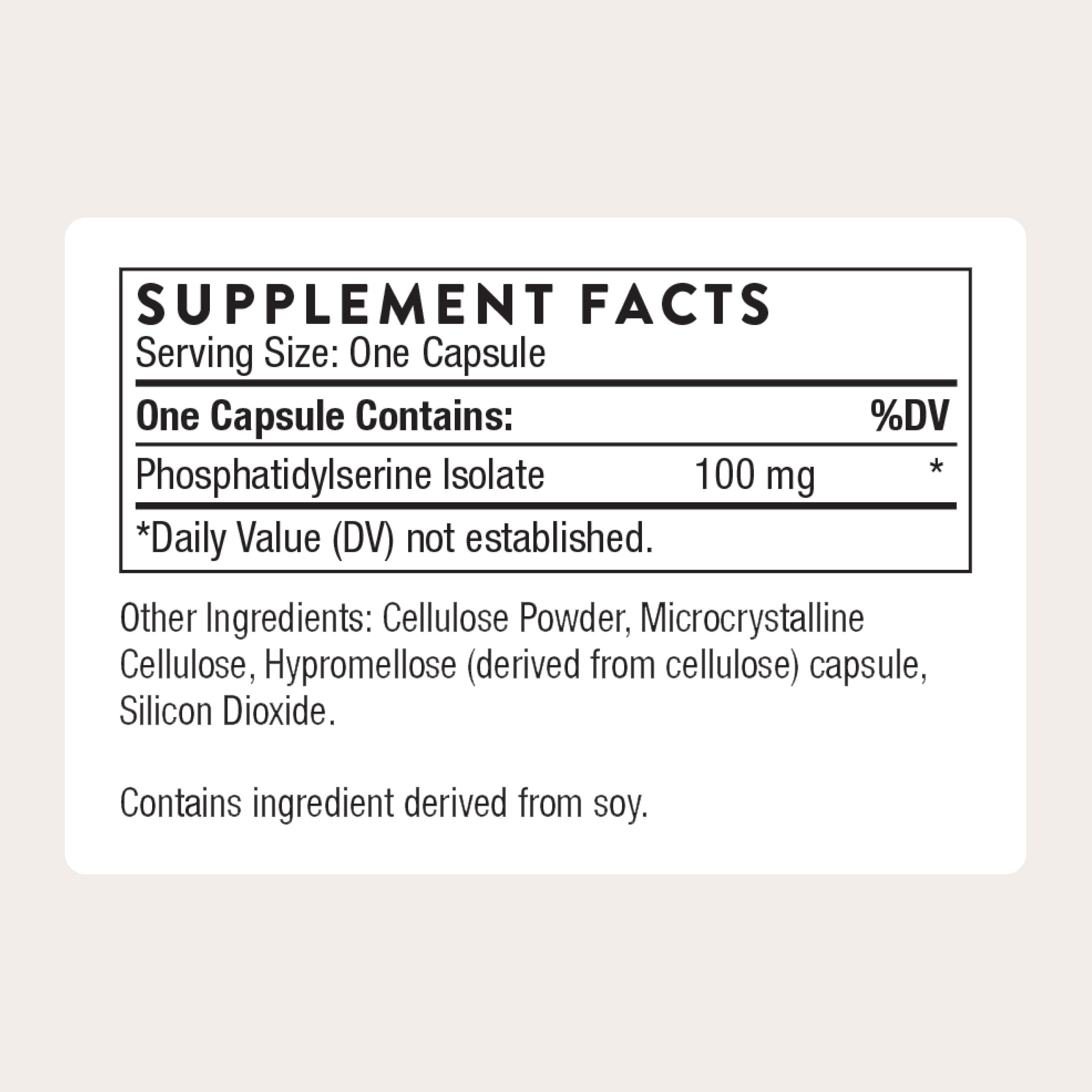 THORNE Phosphatidylserine bottle label showing ingredients and certification