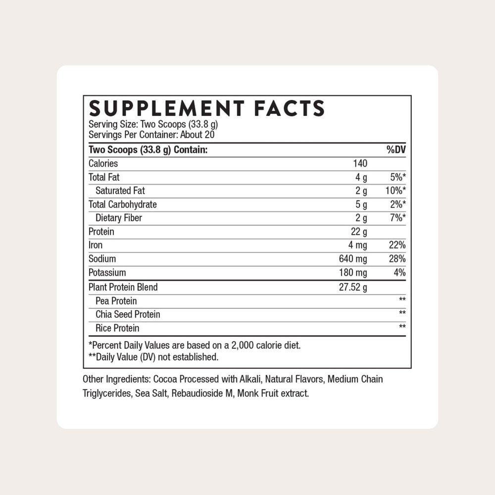THORNE plant protein chocolate scoop showing serving option for quick vegan nutrition