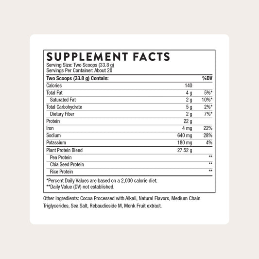 THORNE plant protein chocolate scoop showing serving option for quick vegan nutrition