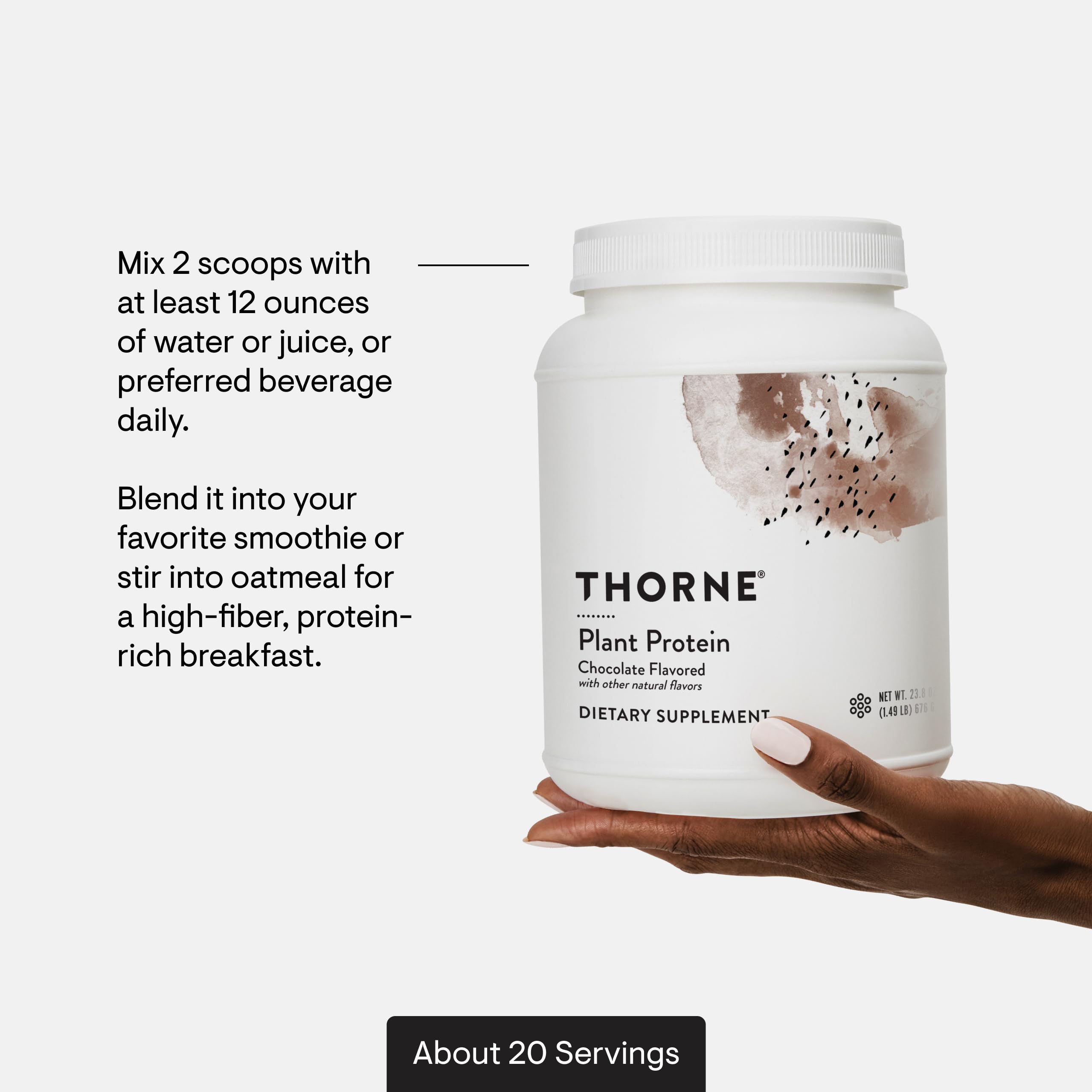THORNE plant protein chocolate serving setup with shaker and scoop for easy protein intake