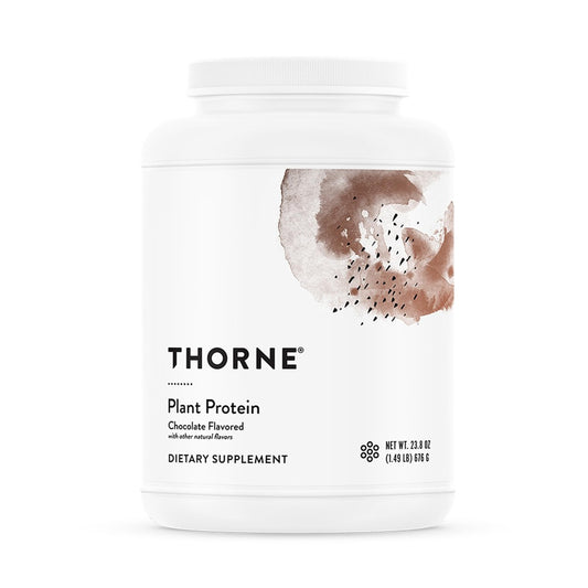 THORNE plant protein chocolate tub displaying complete amino acid profile for daily muscle support