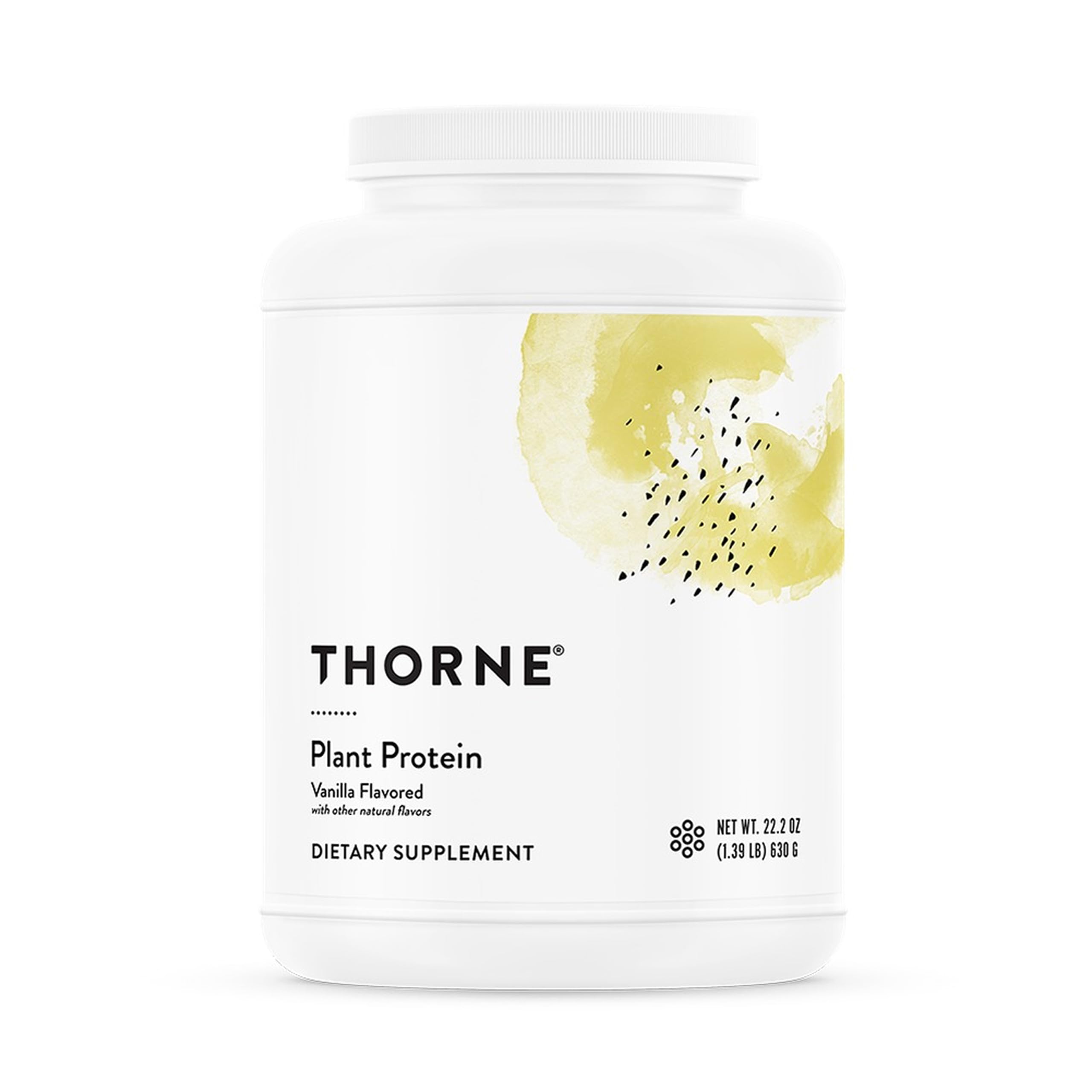 THORNE plant protein vanilla bottle showing vegan gluten-free formula for athletes