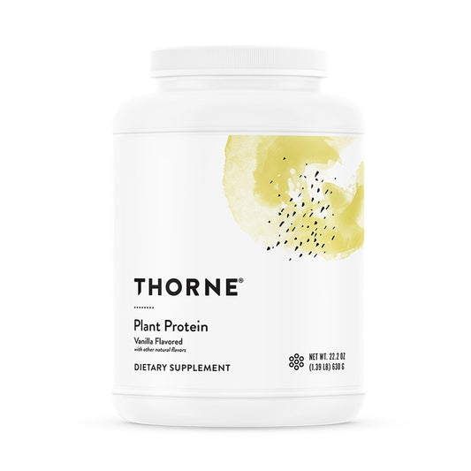 THORNE plant protein vanilla bottle showing vegan gluten-free formula for athletes