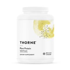 THORNE plant protein vanilla bottle showing vegan gluten-free formula for athletes