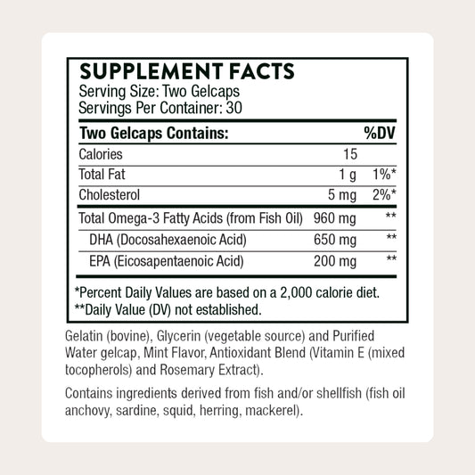 Thorne Prenatal DHA bottle back with supplement facts and ingredients