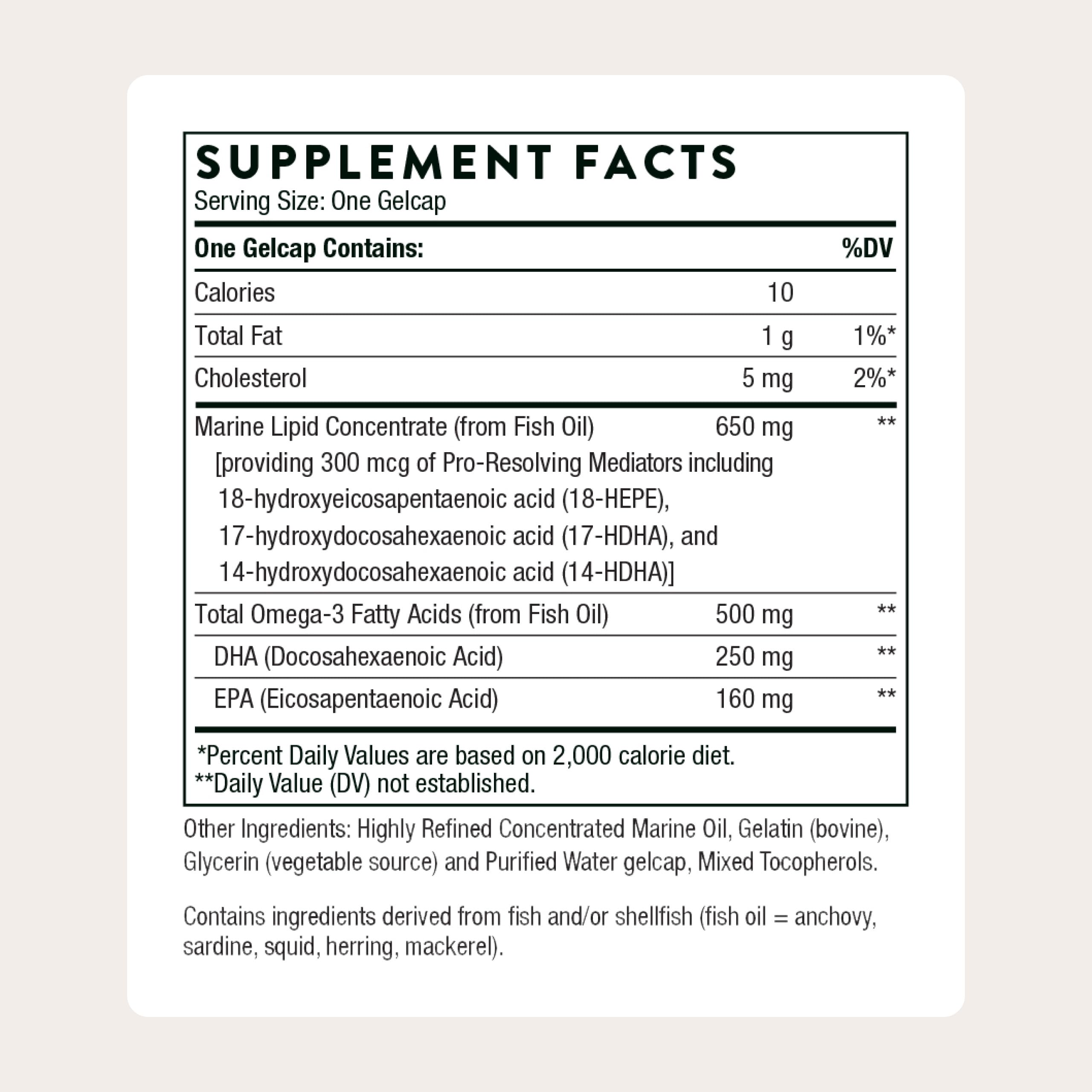 THORNE Pro-Resolving Mediators gelcaps close-up highlighting EPA and DHA