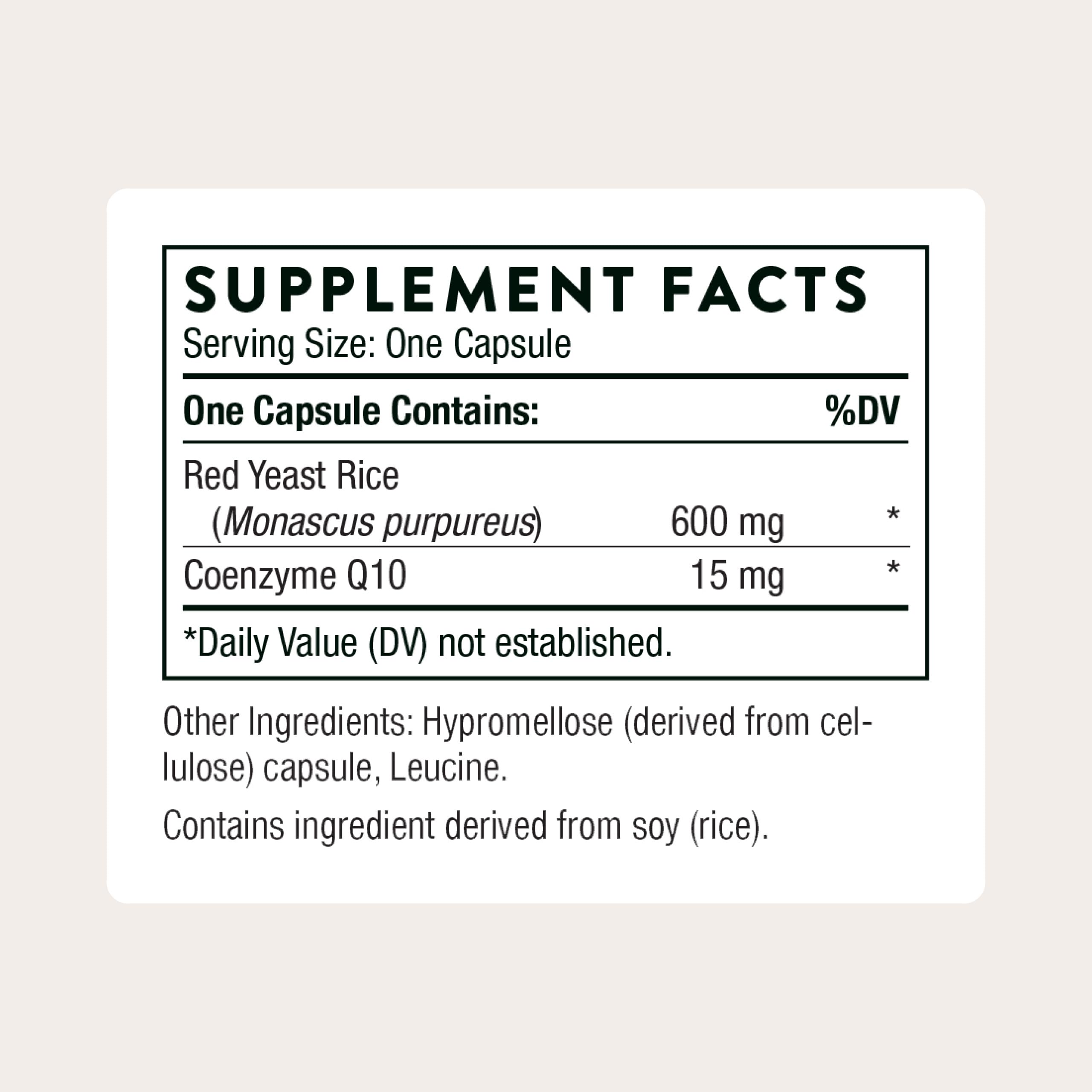 Closeup of THORNE Red Yeast Rice CoQ10 capsules for convenient daily use.