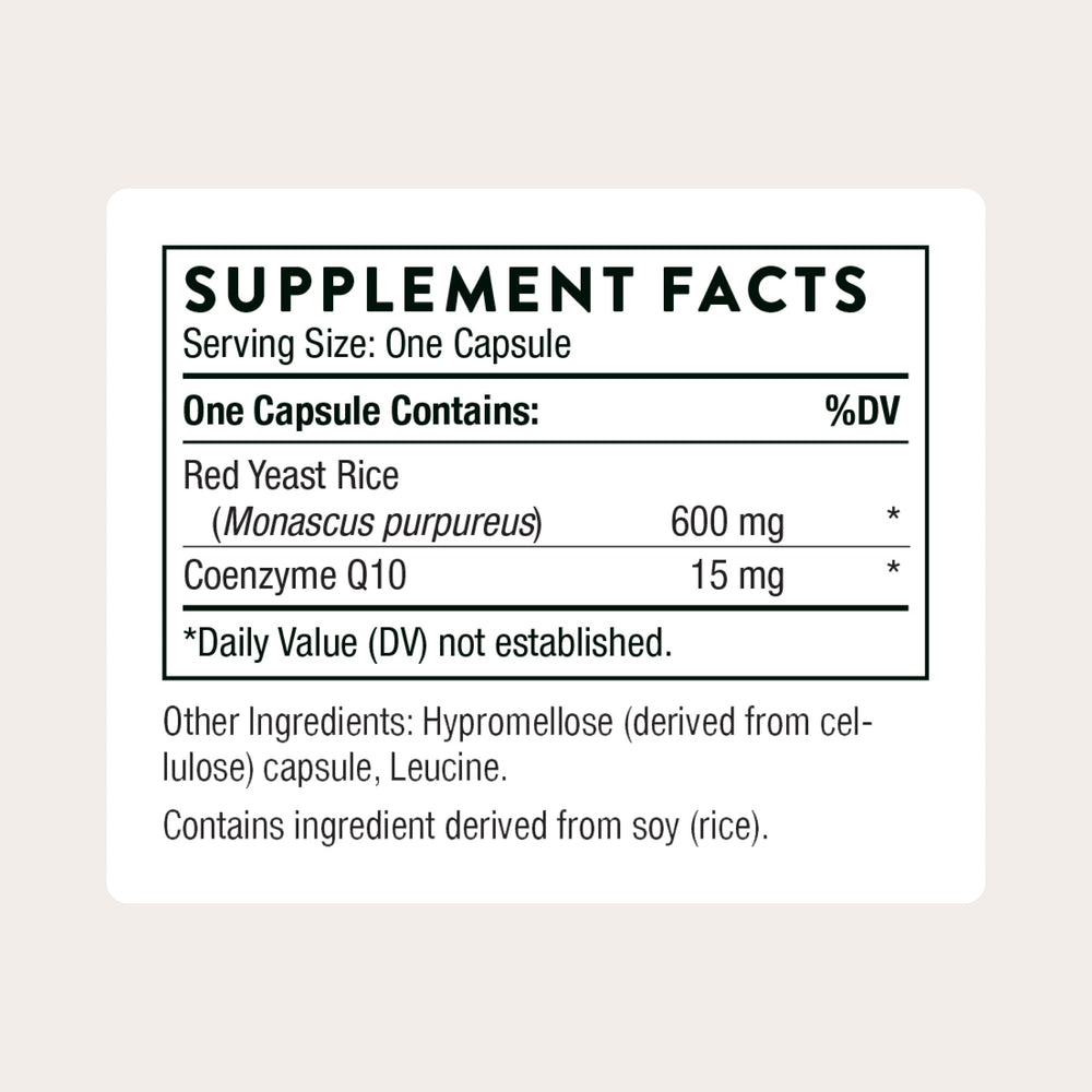 Closeup of THORNE Red Yeast Rice CoQ10 capsules for convenient daily use.
