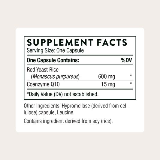 Closeup of THORNE Red Yeast Rice CoQ10 capsules for convenient daily use.