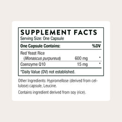 Closeup of THORNE Red Yeast Rice CoQ10 capsules for convenient daily use.