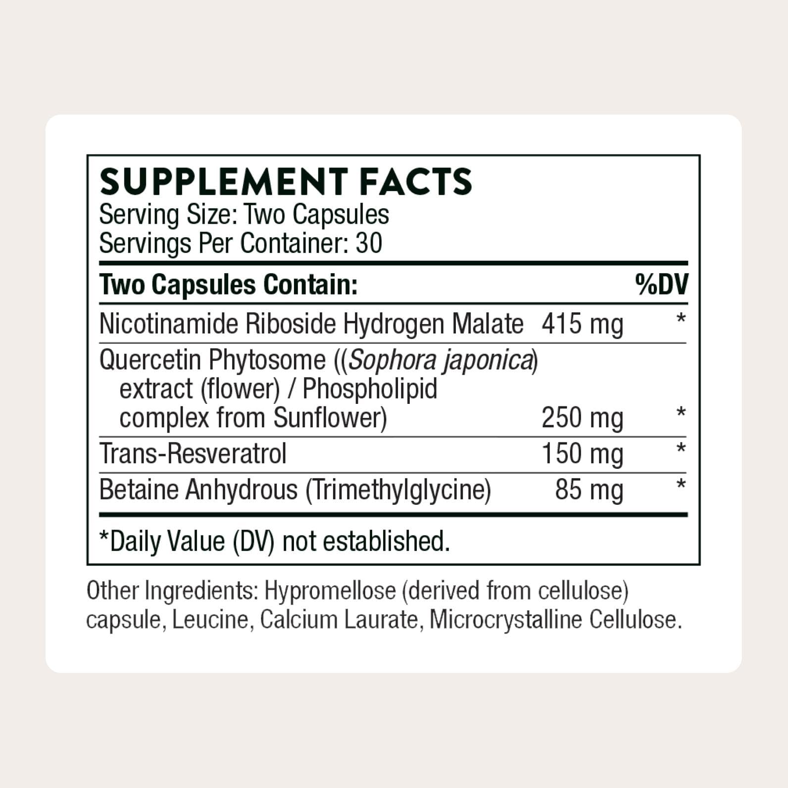 THORNE ResveraCel bottle label close-up with quercetin and NR ingredients.