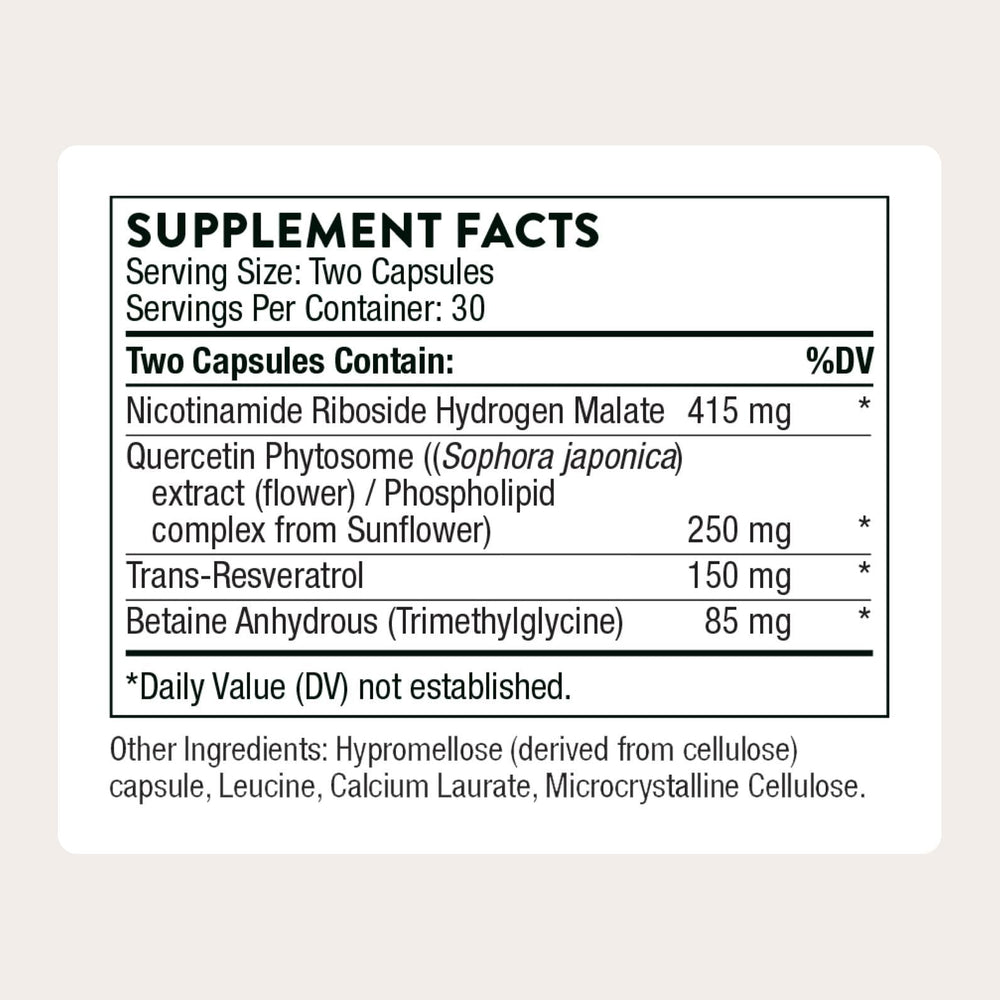 THORNE ResveraCel bottle label close-up with quercetin and NR ingredients.