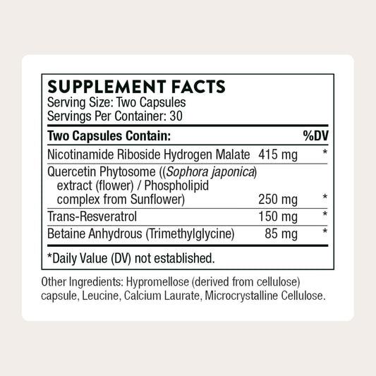 THORNE ResveraCel bottle label close-up with quercetin and NR ingredients.