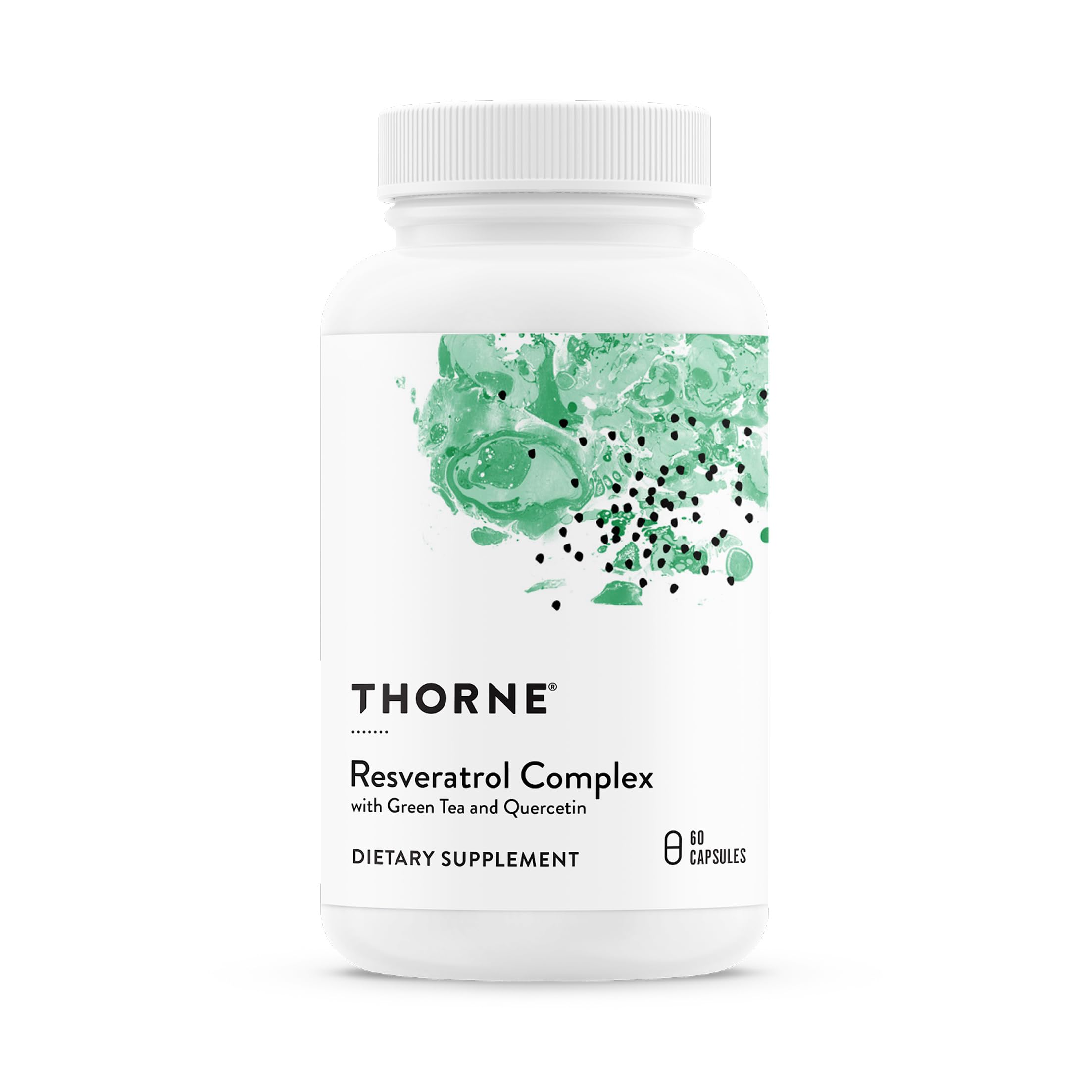 Thorne Resveratrol Complex bottle with capsules for potential healthy aging support.