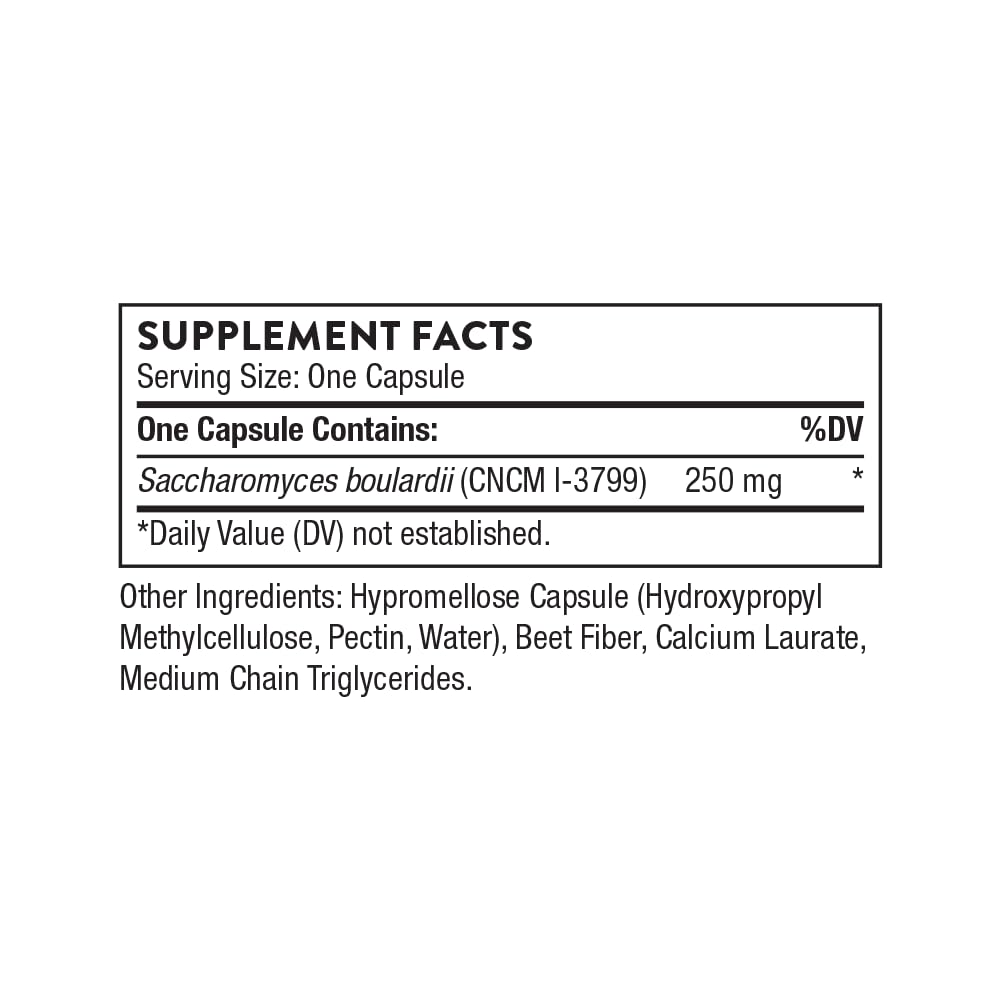 THORNE Sacro-B Probiotic bottle back label with ingredients and suitability.