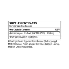 THORNE Sacro-B Probiotic bottle back label with ingredients and suitability.