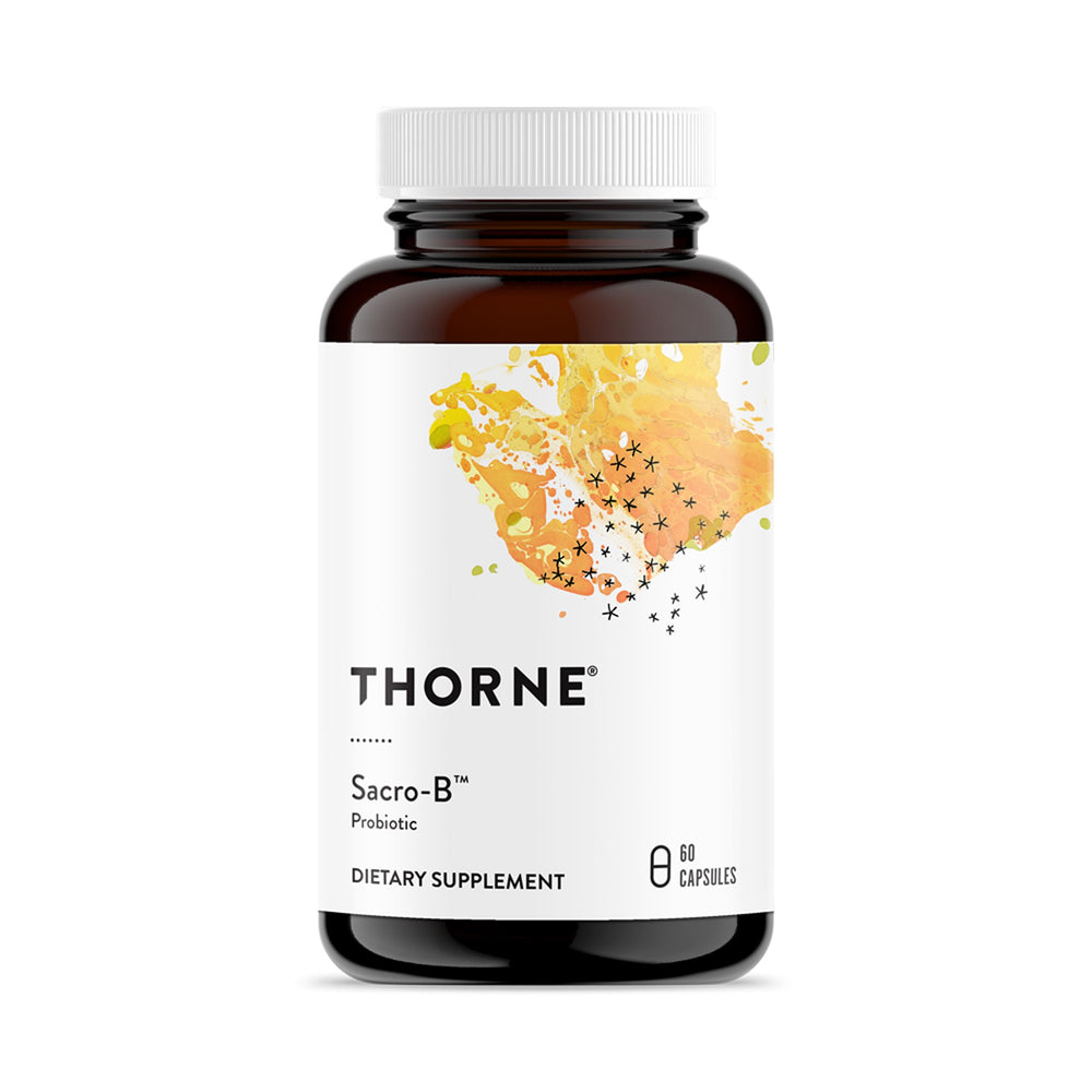 THORNE Sacro-B Probiotic bottle front highlighting gluten-free gut support.