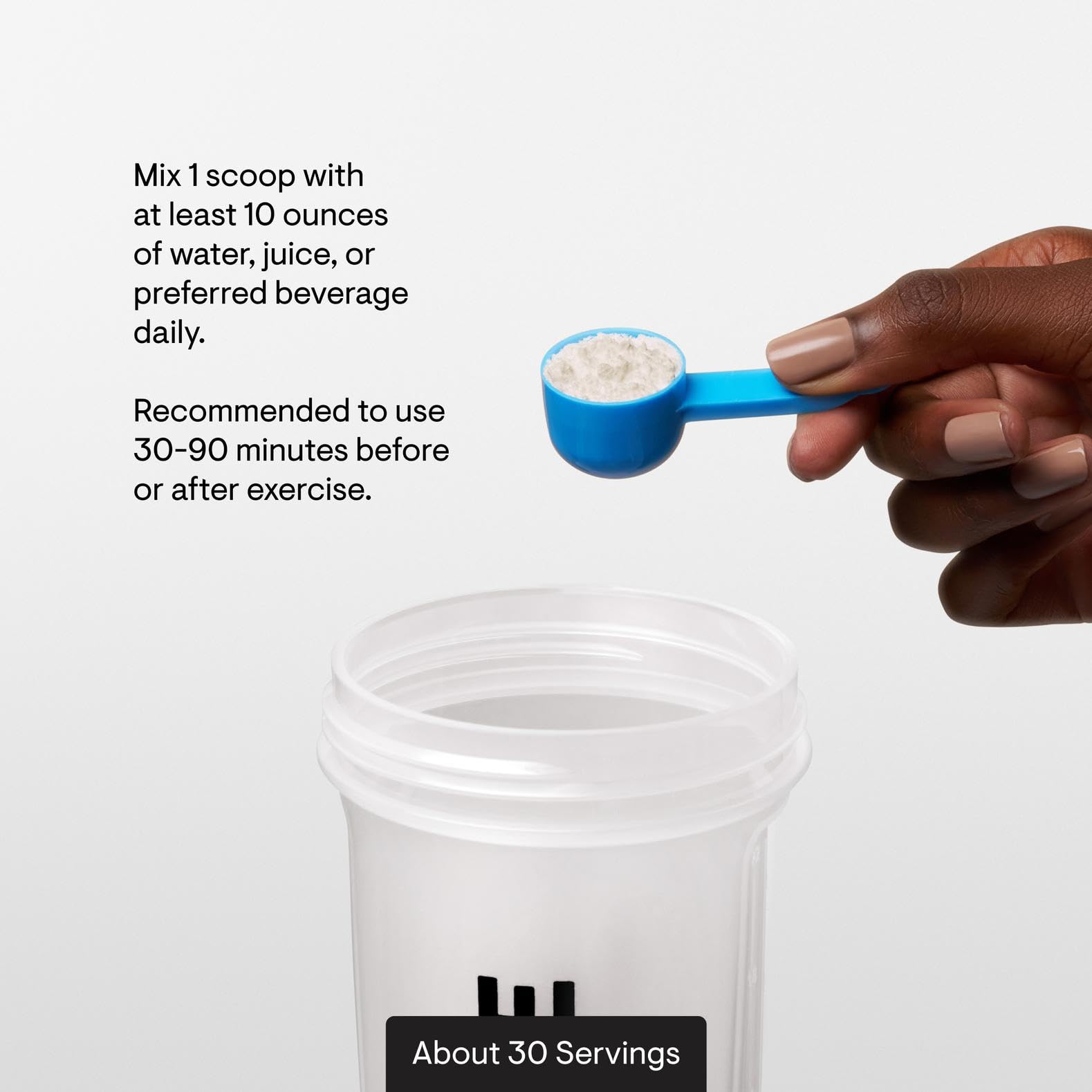 Serving spoon beside THORNE bottle signaling convenient daily servings.