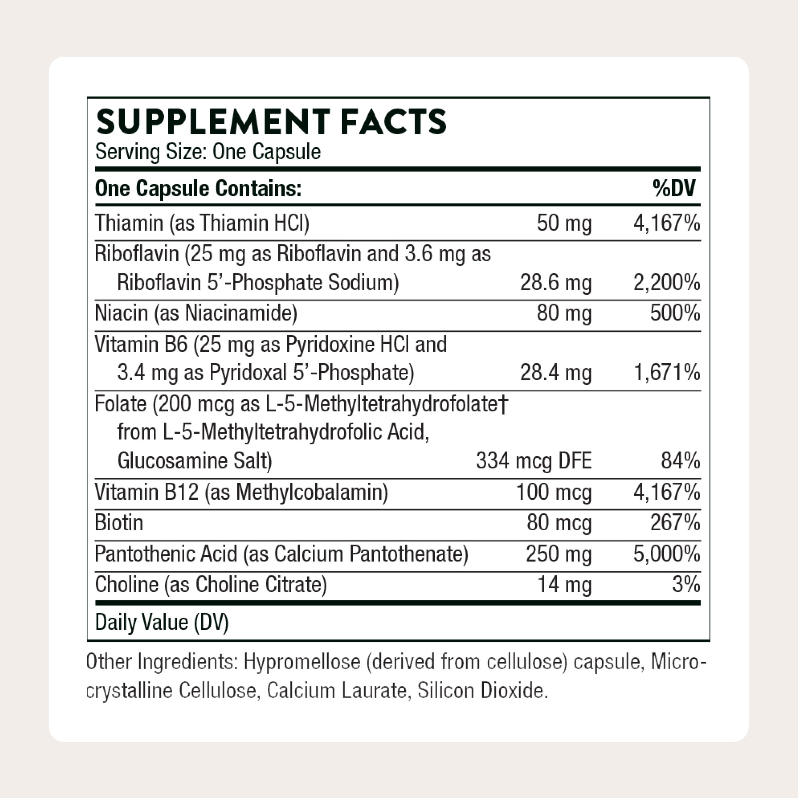 THORNE Stress B-Complex capsules closeup highlighting bioavailable B vitamins for energy.