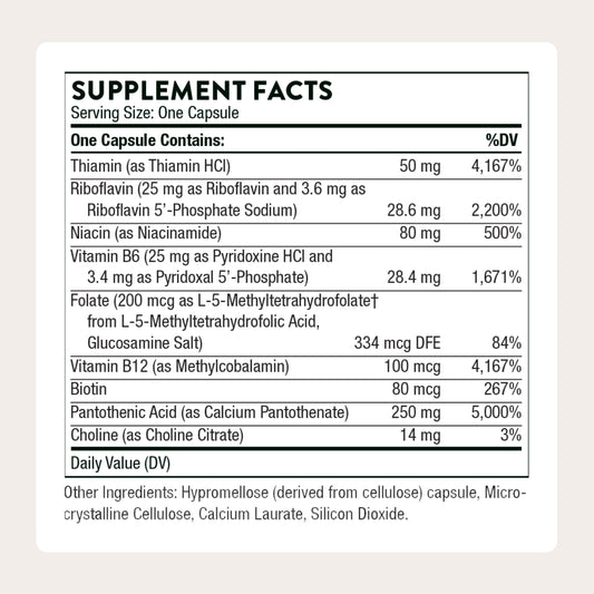 THORNE Stress B-Complex capsules closeup highlighting bioavailable B vitamins for energy.