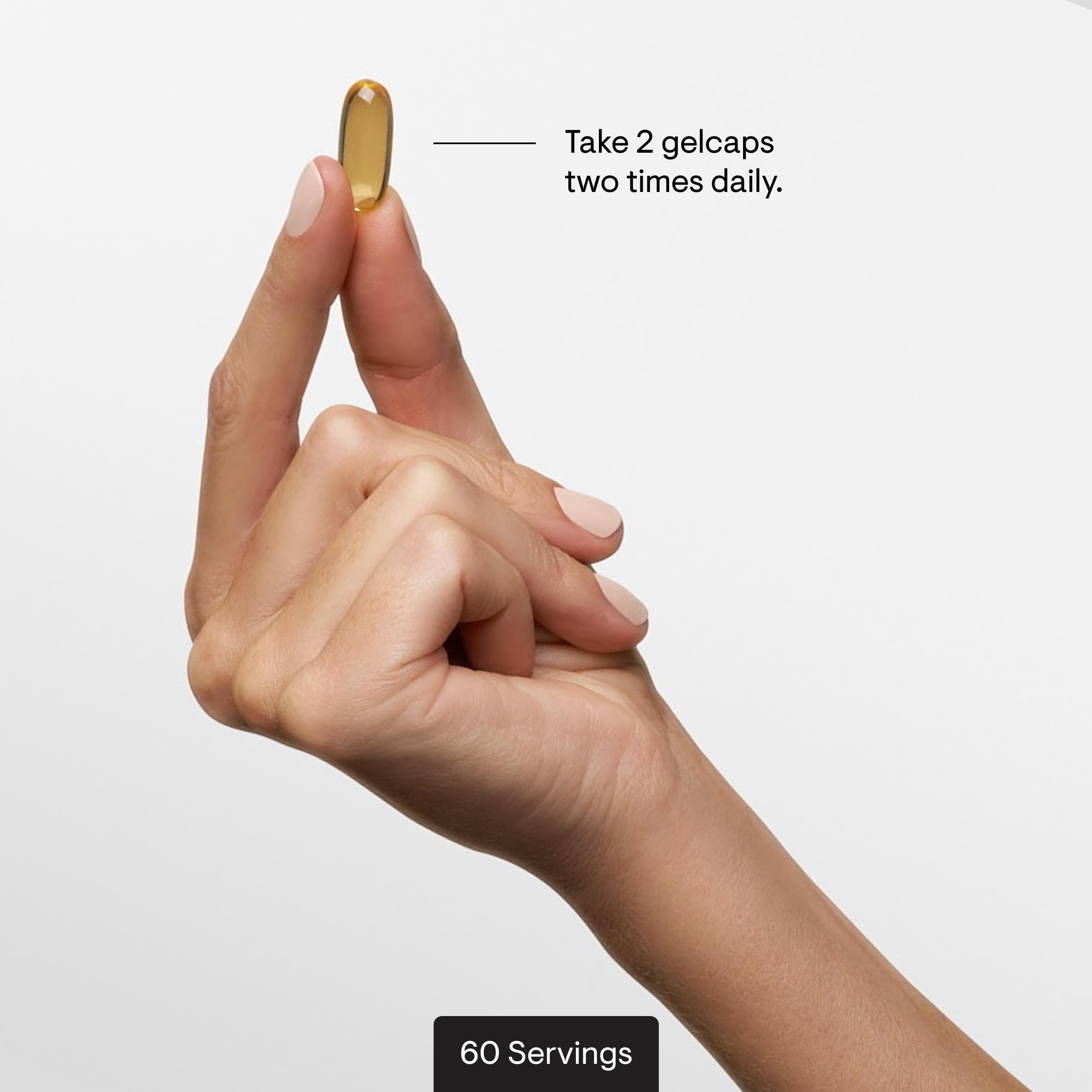Packaging demonstrates 120 gelcaps and 60 servings per bottle
